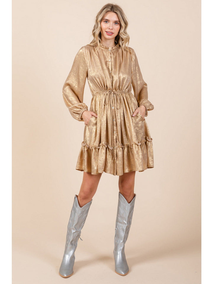 Jodifl Metallic Frilled Mock Neck Bubble Sleeve Button Up Dress