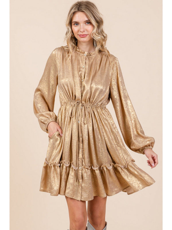 Jodifl Metallic Frilled Mock Neck Bubble Sleeve Button Up Dress