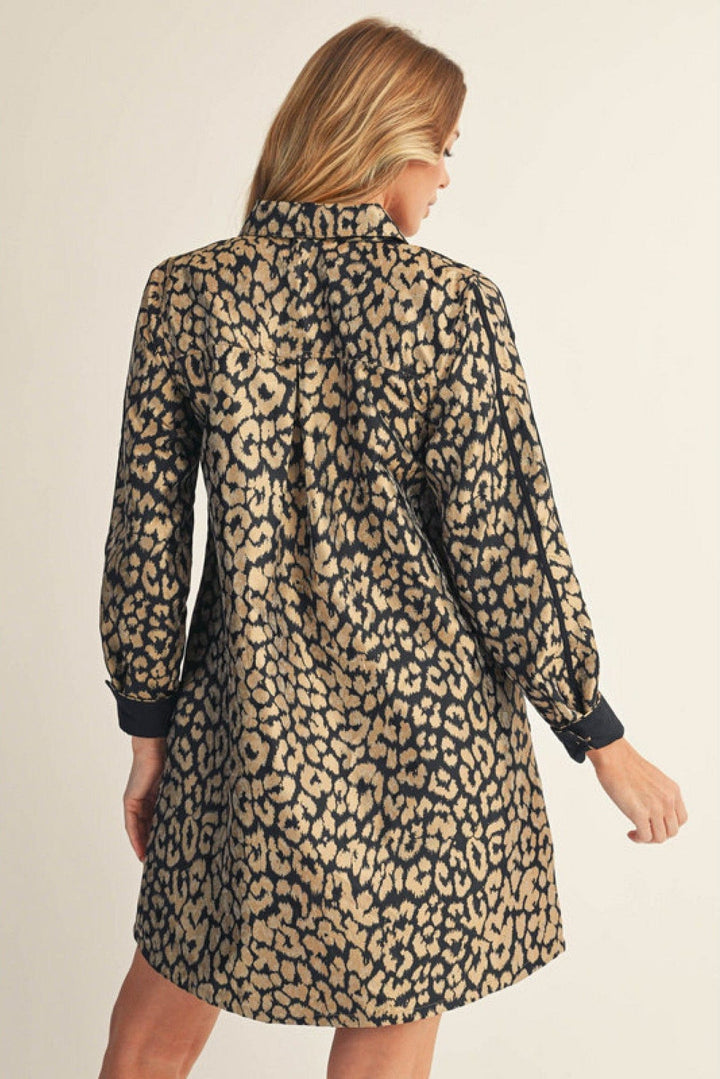 Jodifl Metallic Leopard Print Shirt Dress with Solid Contrast Trim