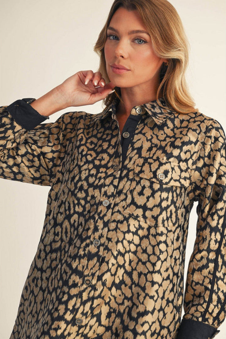Jodifl Metallic Leopard Print Shirt Dress with Solid Contrast Trim