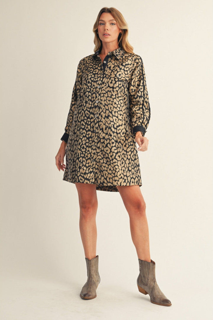 Jodifl Metallic Leopard Print Shirt Dress with Solid Contrast Trim