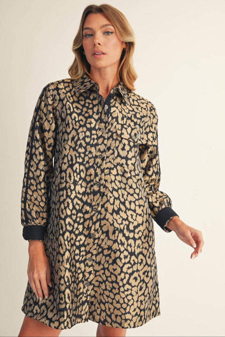 Jodifl Metallic Leopard Print Shirt Dress with Solid Contrast Trim
