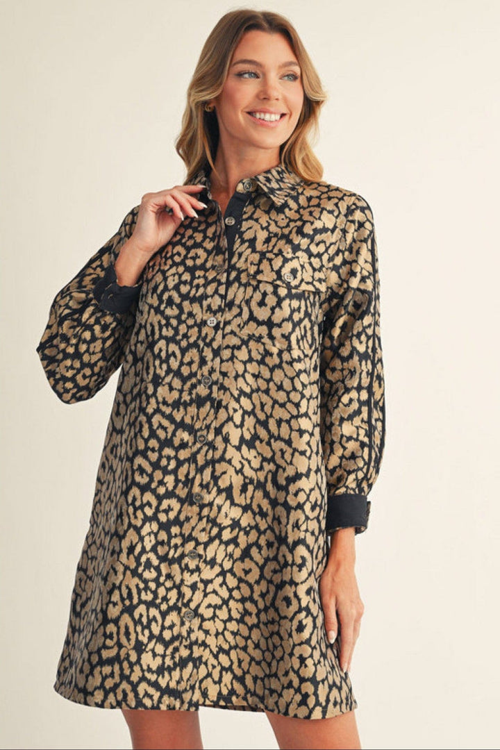 Jodifl Metallic Leopard Print Shirt Dress with Solid Contrast Trim