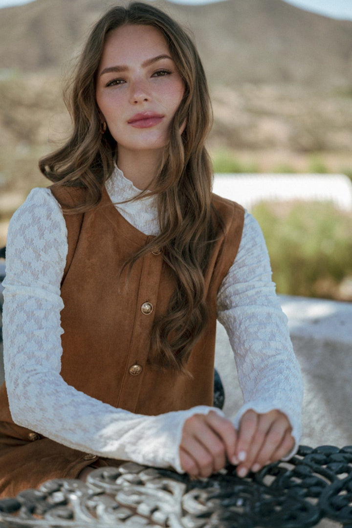 Jodifl Mock Neck Long Thumbhole Sleeve Lace Top