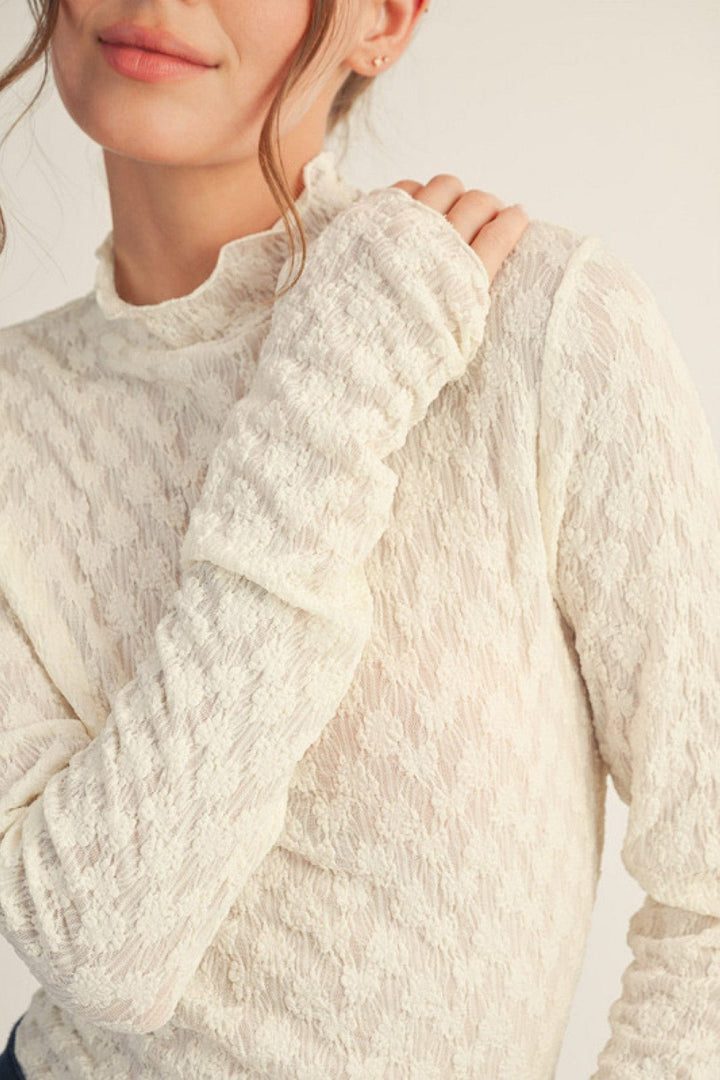Jodifl Mock Neck Long Thumbhole Sleeve Lace Top