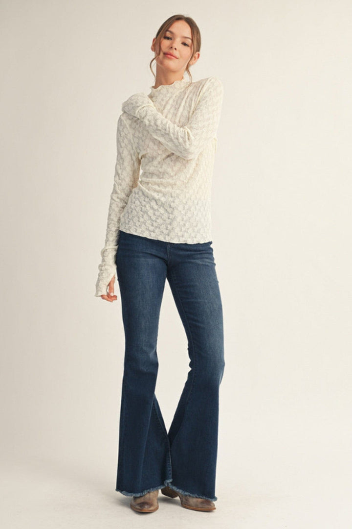 Jodifl Mock Neck Long Thumbhole Sleeve Lace Top