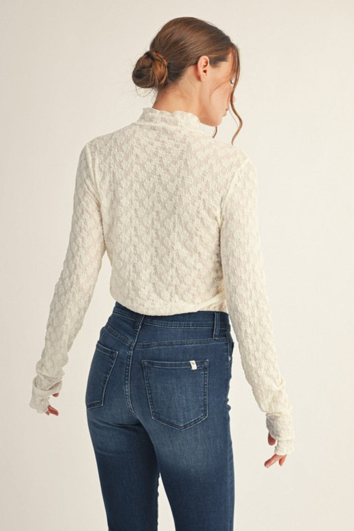 Jodifl Mock Neck Long Thumbhole Sleeve Lace Top