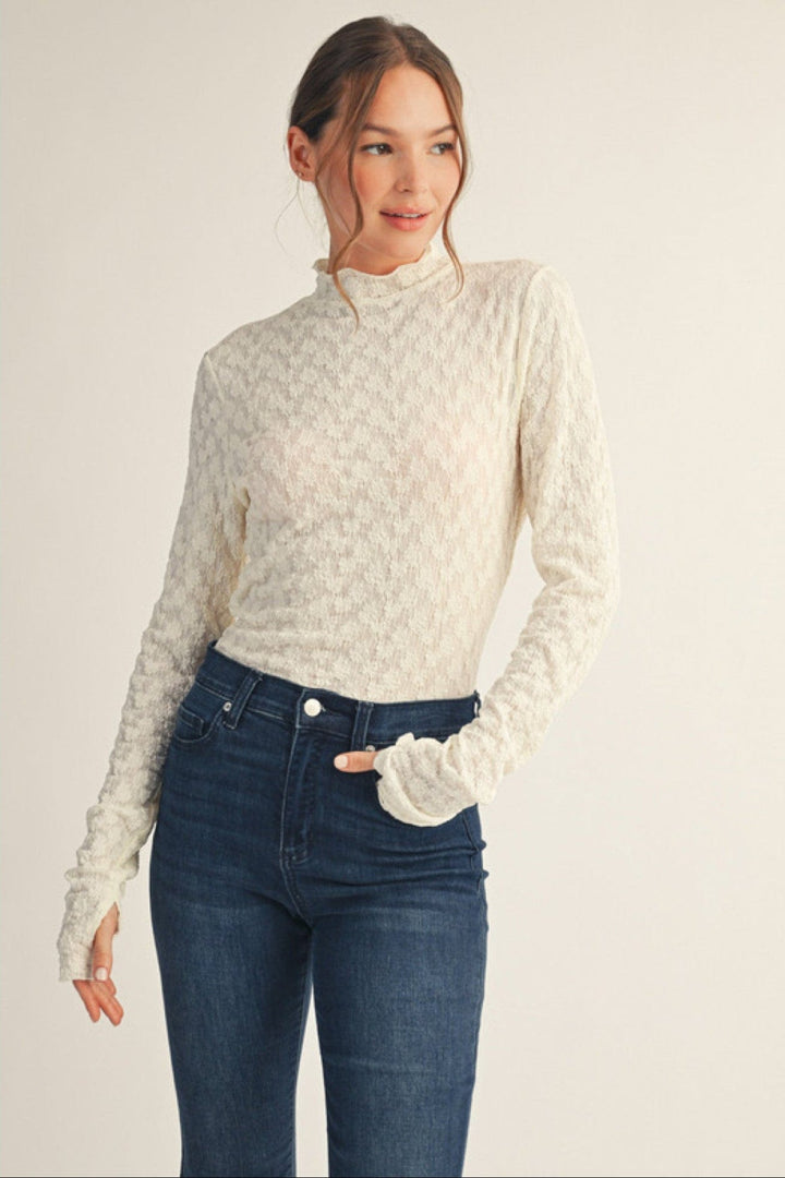 Jodifl Mock Neck Long Thumbhole Sleeve Lace Top