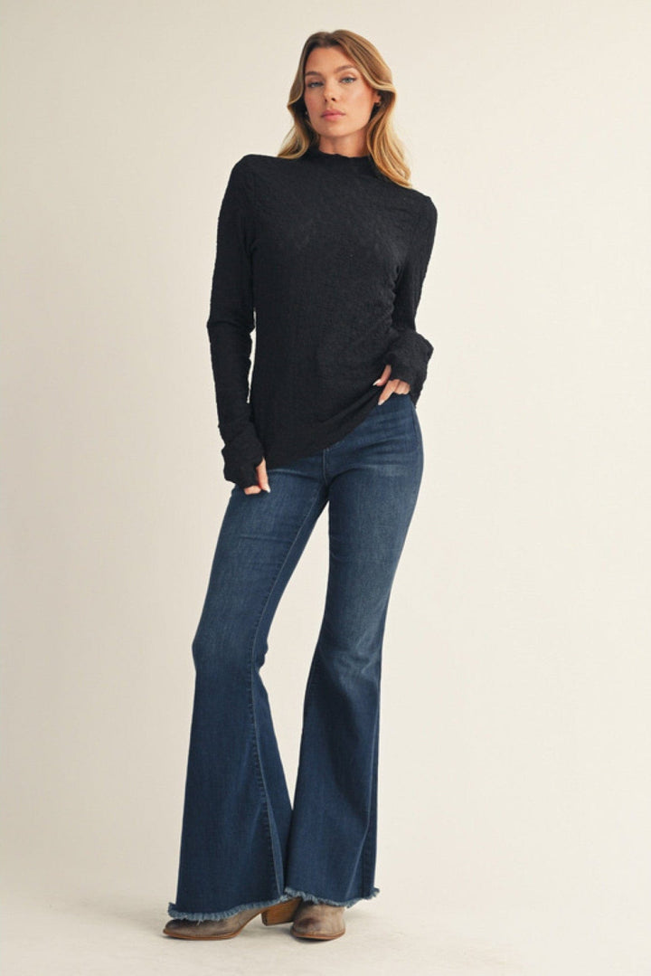 Jodifl Mock Neck Long Thumbhole Sleeve Lace Top
