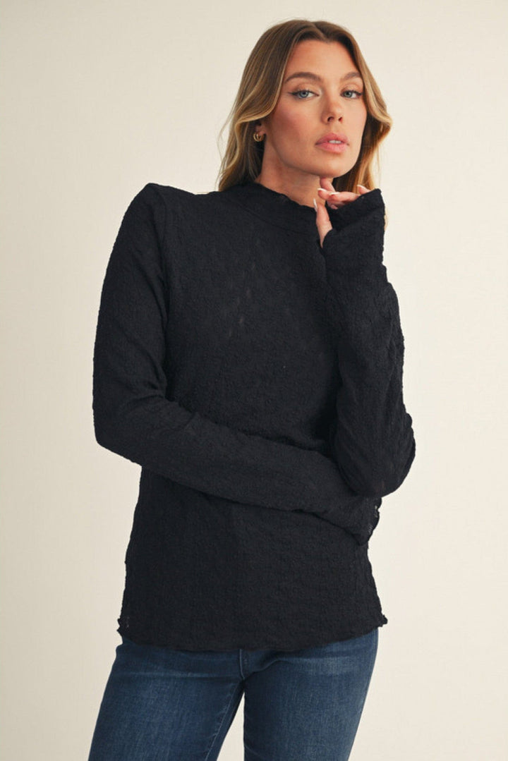 Jodifl Mock Neck Long Thumbhole Sleeve Lace Top