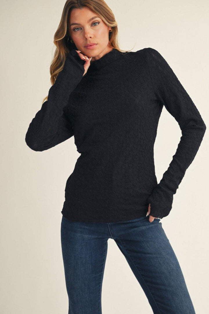 Jodifl Mock Neck Long Thumbhole Sleeve Lace Top