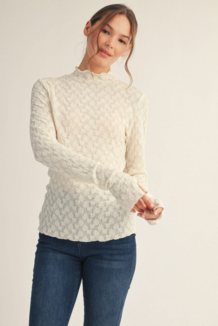 Jodifl Mock Neck Long Thumbhole Sleeve Lace Top