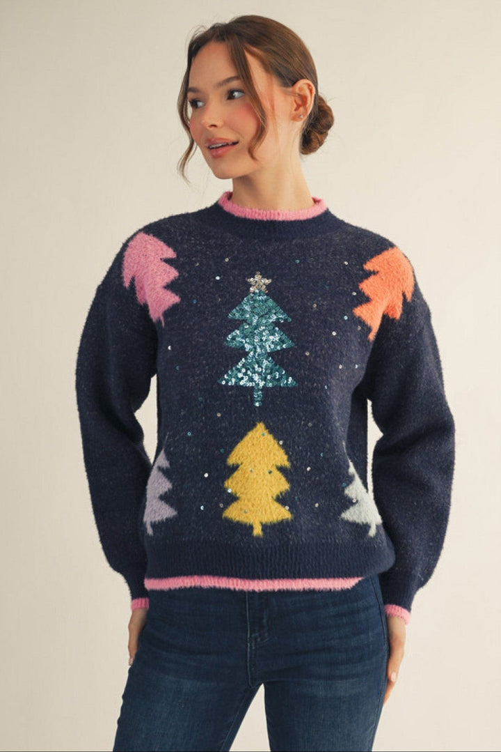 Jodifl Multicolor Christmas Tree Fuzzy Sweater with Sequin Accents