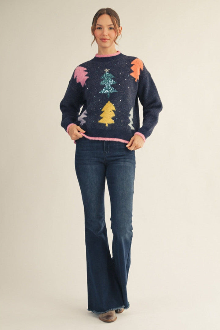 Jodifl Multicolor Christmas Tree Fuzzy Sweater with Sequin Accents