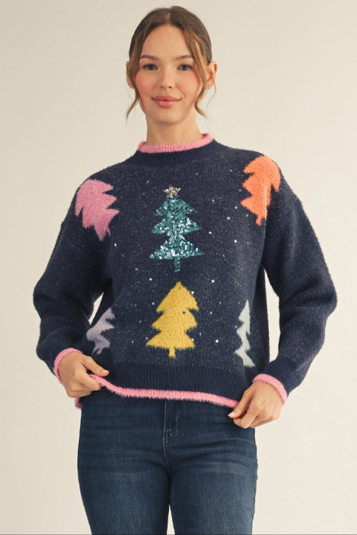 Jodifl Multicolor Christmas Tree Fuzzy Sweater with Sequin Accents