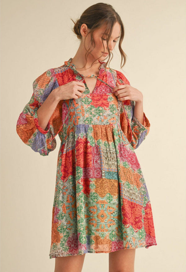 Jodifl Multicolor Floral Ornate Floral Patchwork Dress with Frilled Tie Neckline