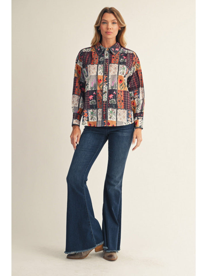Jodifl Multicolor Floral Quilt Block Pattern Button Down Top