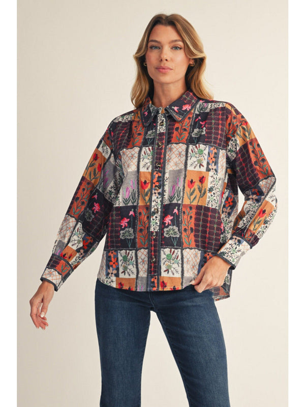 Jodifl Multicolor Floral Quilt Block Pattern Button Down Top