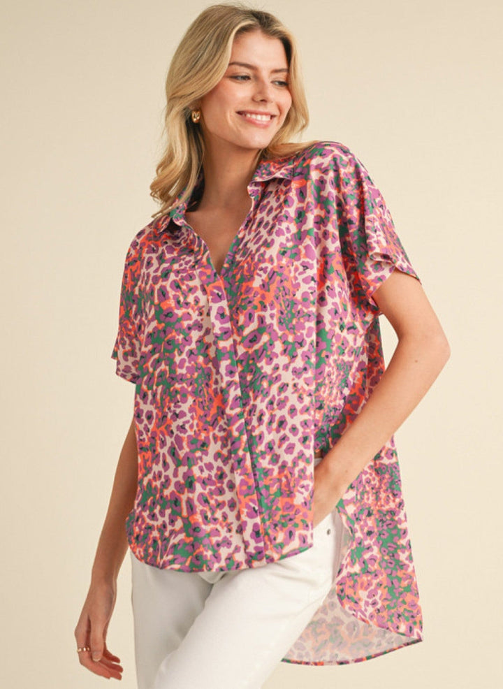 Jodifl Multicolor Leopard Open Collared Top with Hidden Button-Up Detail