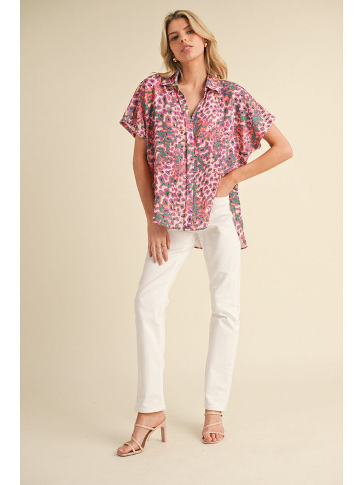 Jodifl Multicolor Leopard Open Collared Top with Hidden Button-Up Detail