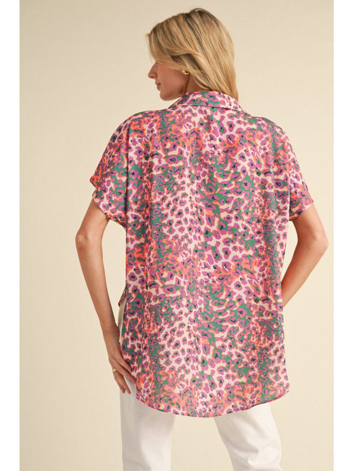 Jodifl Multicolor Leopard Open Collared Top with Hidden Button-Up Detail