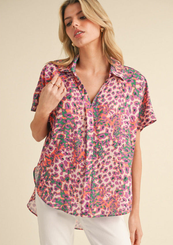 Jodifl Multicolor Leopard Open Collared Top with Hidden Button-Up Detail