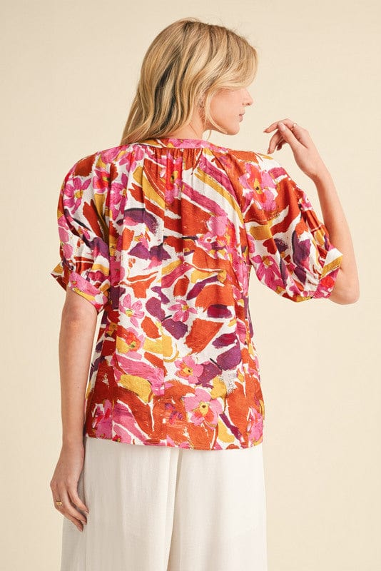 Jodifl Multicolor Print Tie Neckline Raglan Short Sleeve Top