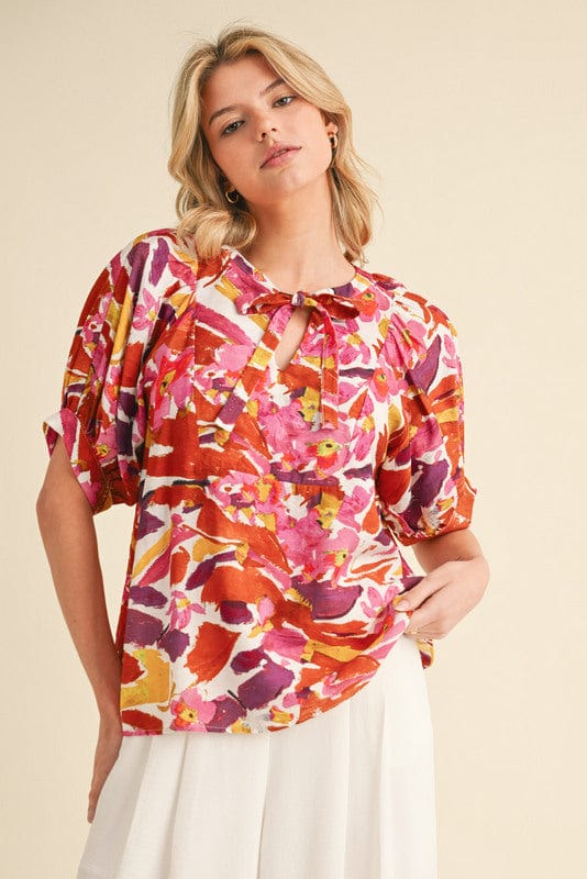 Jodifl Multicolor Print Tie Neckline Raglan Short Sleeve Top