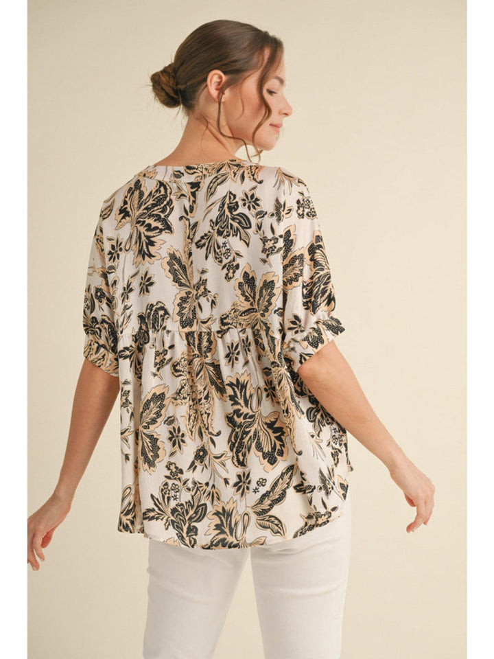 Jodifl Nature Print Back Shirred Detail Short Dolman Sleeve Blouse Top