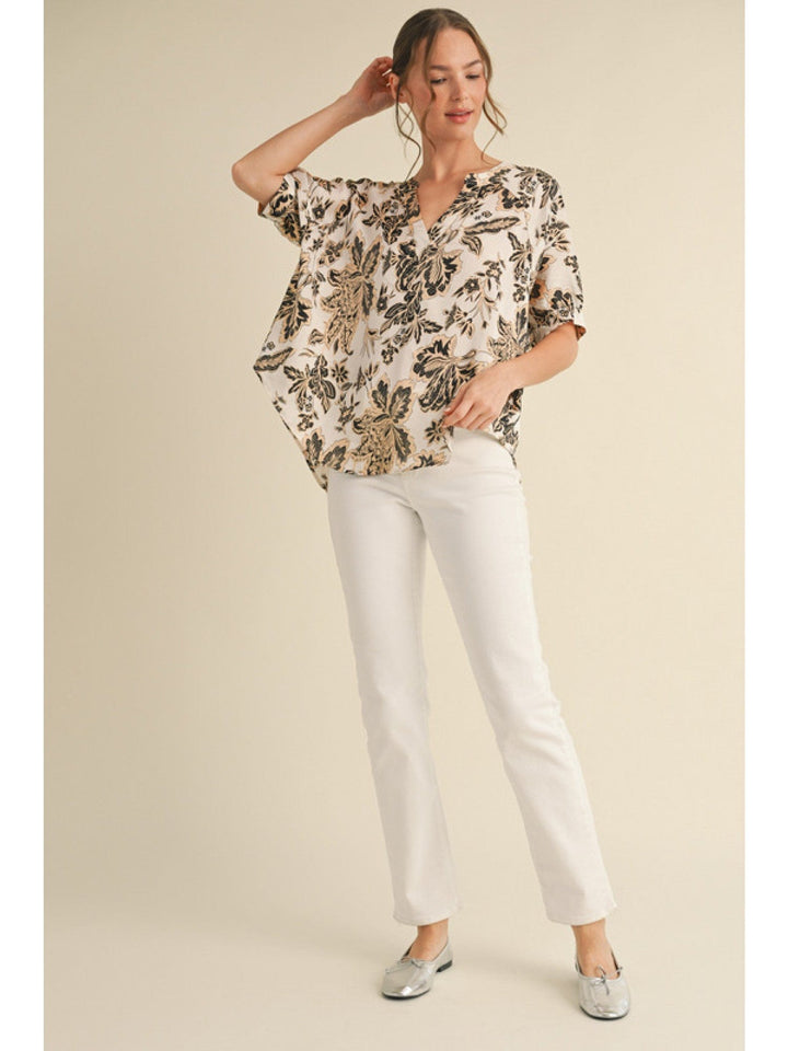 Jodifl Nature Print Back Shirred Detail Short Dolman Sleeve Blouse Top