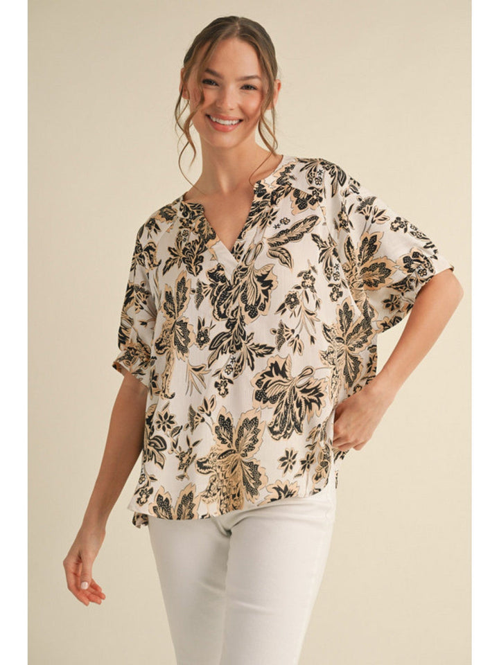 Jodifl Nature Print Back Shirred Detail Short Dolman Sleeve Blouse Top