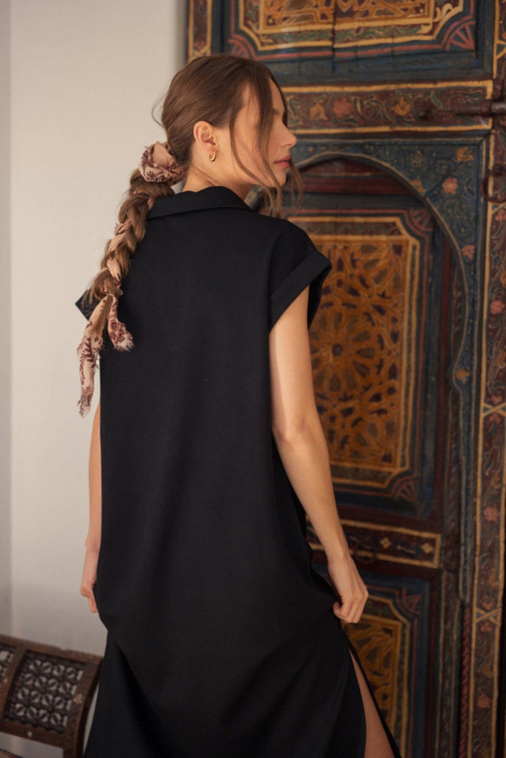 Jodifl Open Collar Neckline Solid Midi Dress with Side Slit Detail