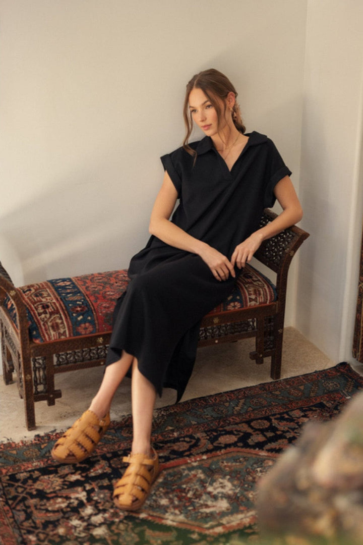 Jodifl Open Collar Neckline Solid Midi Dress with Side Slit Detail