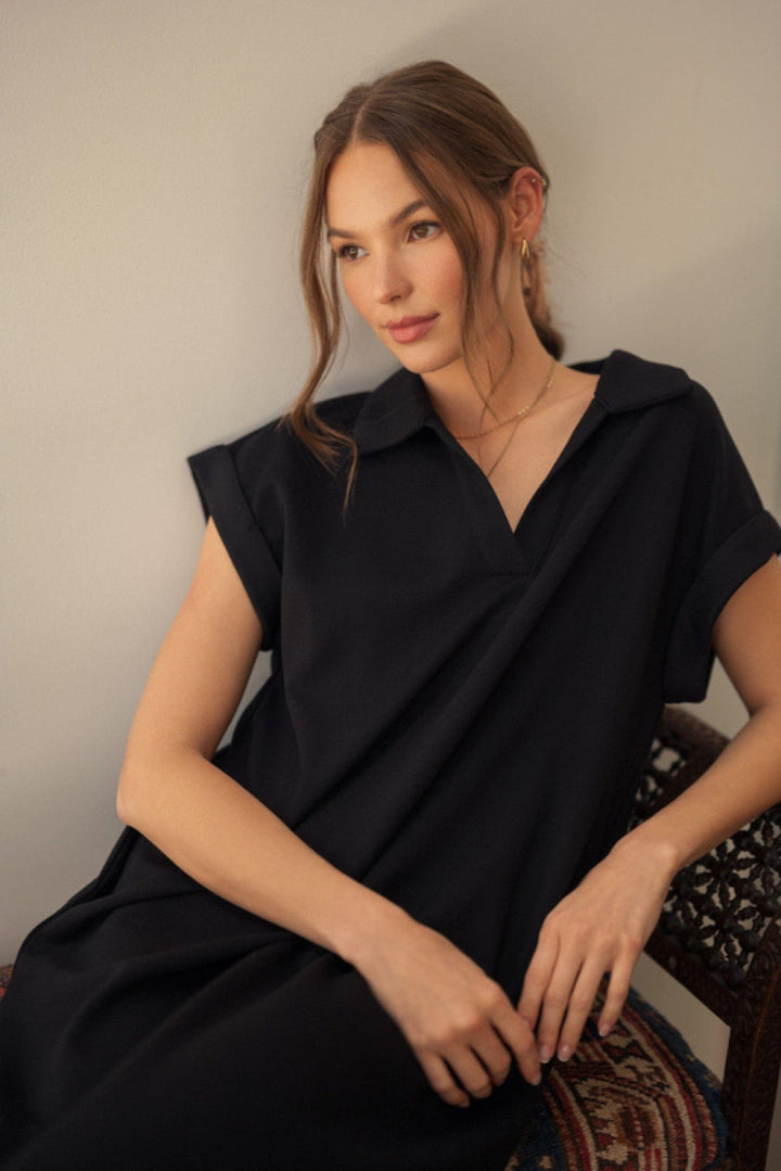 Jodifl Open Collar Neckline Solid Midi Dress with Side Slit Detail