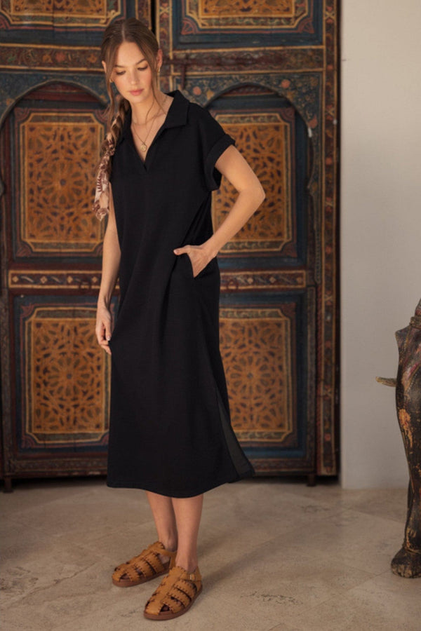 Jodifl Open Collar Neckline Solid Midi Dress with Side Slit Detail