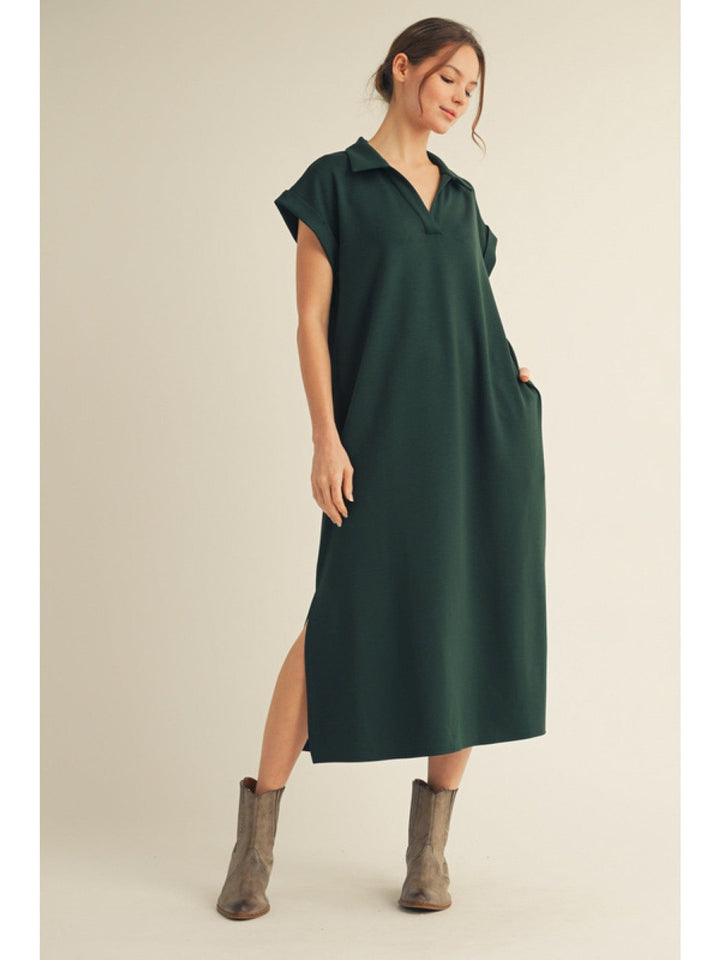 Jodifl Open Collar Neckline Solid Midi Dress with Side Slit Detail