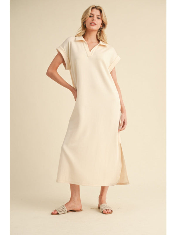 Jodifl Open Collar Neckline Solid Midi Dress with Side Slit Detail