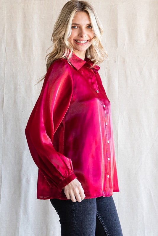 Jodifl Organza Button-Up Top with Collared Neck, Long Bubble Sleeves, and Band Cuffs