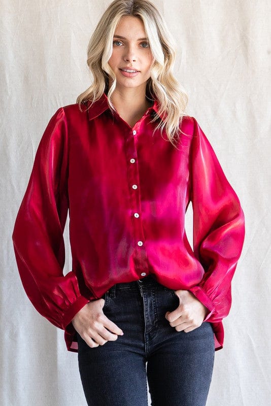 Jodifl Organza Button-Up Top with Collared Neck, Long Bubble Sleeves, and Band Cuffs
