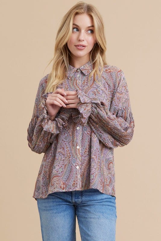 Jodifl Paisley Print Chiffon Top with Collared Neck and Raglan Pleated Poet Sleeves