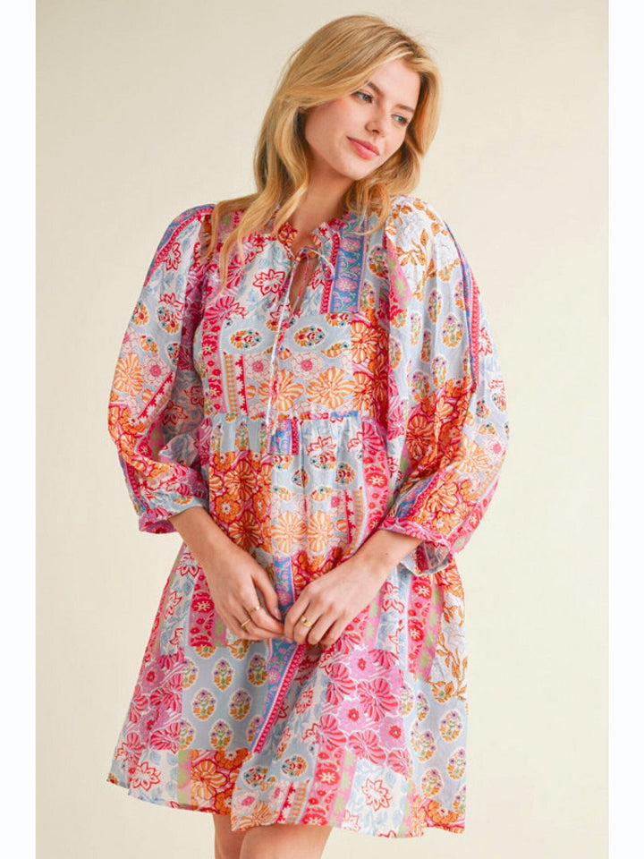 Jodifl Patchwork Print Frilled Neckline Self Tie Dress with 3/4 Balloon Sleeves