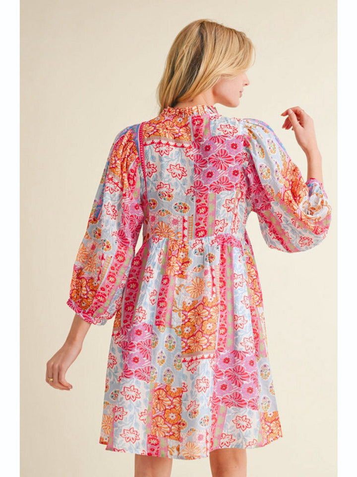 Jodifl Patchwork Print Frilled Neckline Self Tie Dress with 3/4 Balloon Sleeves