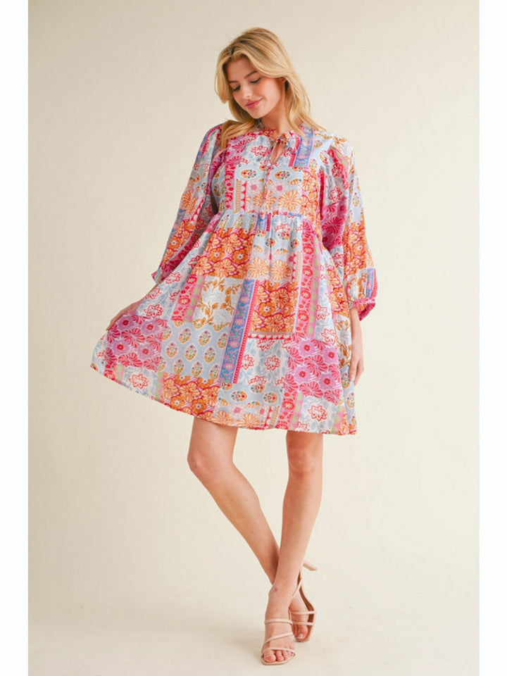 Jodifl Patchwork Print Frilled Neckline Self Tie Dress with 3/4 Balloon Sleeves