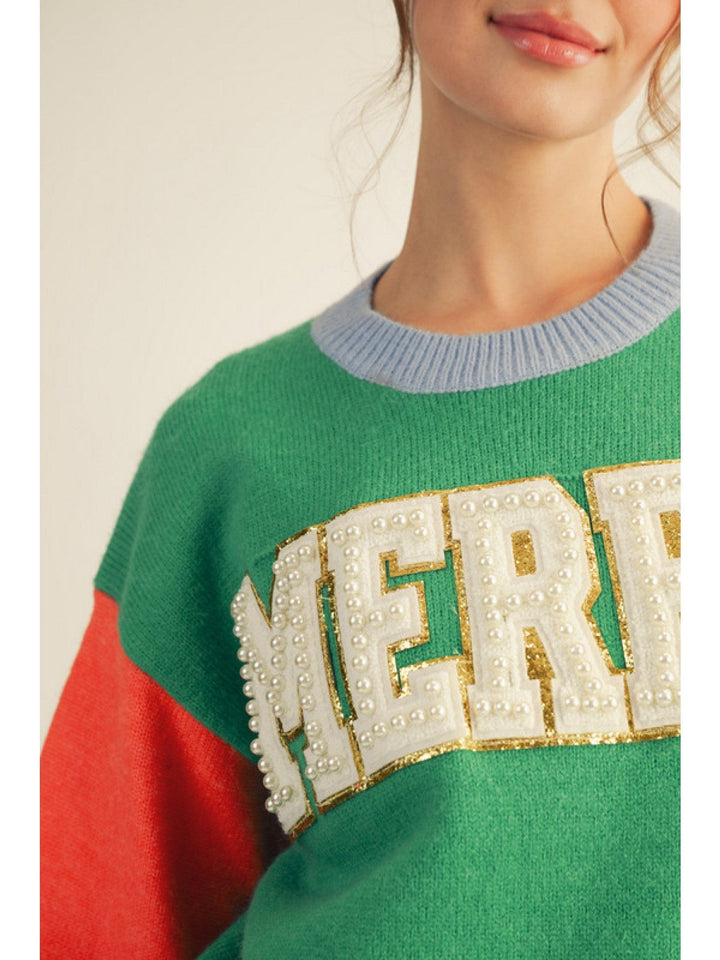 Jodifl Pearl Embroidered "MERRY" Lettering Color Block Sweater