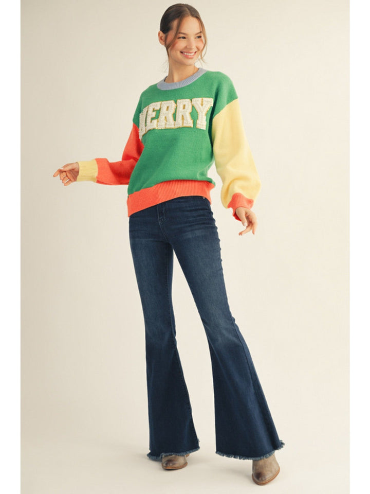 Jodifl Pearl Embroidered "MERRY" Lettering Color Block Sweater