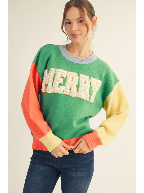 Jodifl Pearl Embroidered "MERRY" Lettering Color Block Sweater