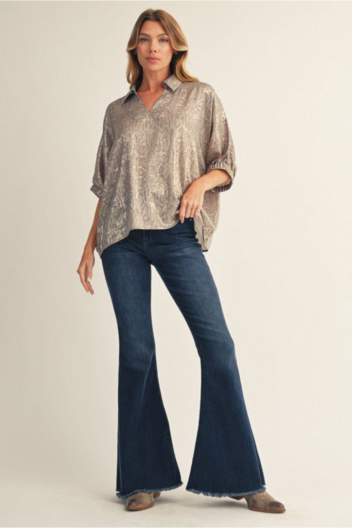 Jodifl Pearly Snakeskin Print Dolman Sleeve Blouse Top