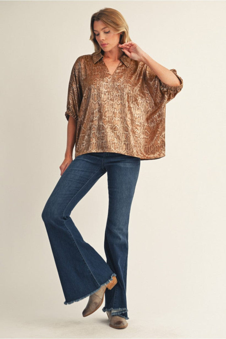 Jodifl Pearly Snakeskin Print Dolman Sleeve Blouse Top