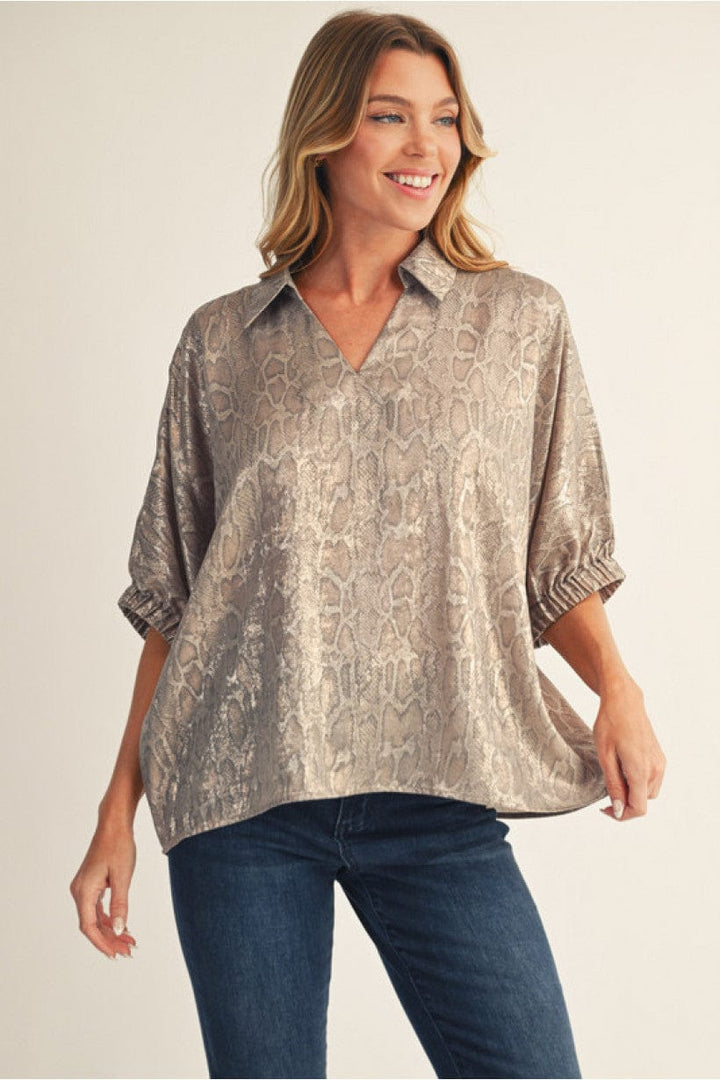 Jodifl Pearly Snakeskin Print Dolman Sleeve Blouse Top