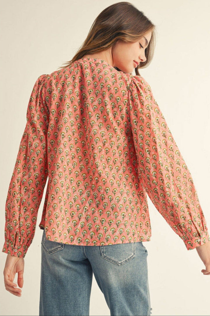 Jodifl Pintuck Detailed Self Tie Neckline Long Sleeve Floral Print Blouse Top